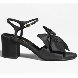 Chanel 24A Black Silk Bow Crystal CC Logo Ankle Strap Block Heel Sandals 36.5